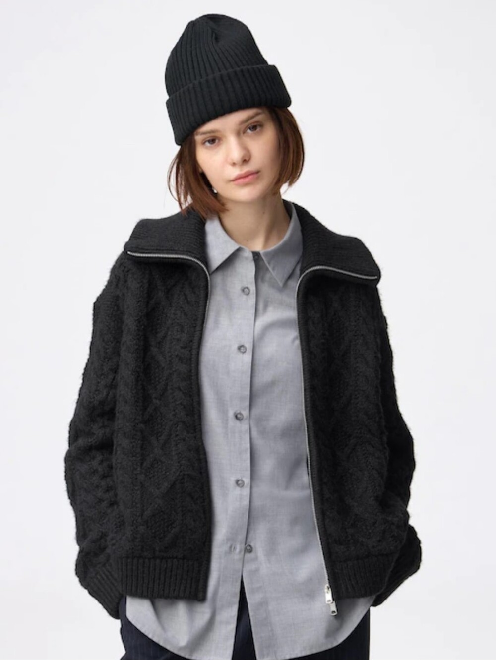 GU Uniqlo Black Cable Knit Double Zipper Sweater Jacket Size L